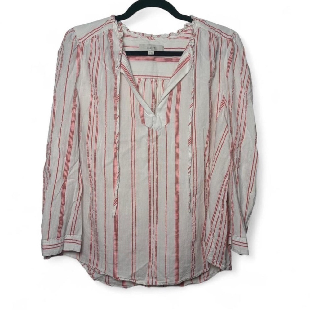 LOFT XL Striped Cotton Blouse White Coral Lightweight Long Sleeve